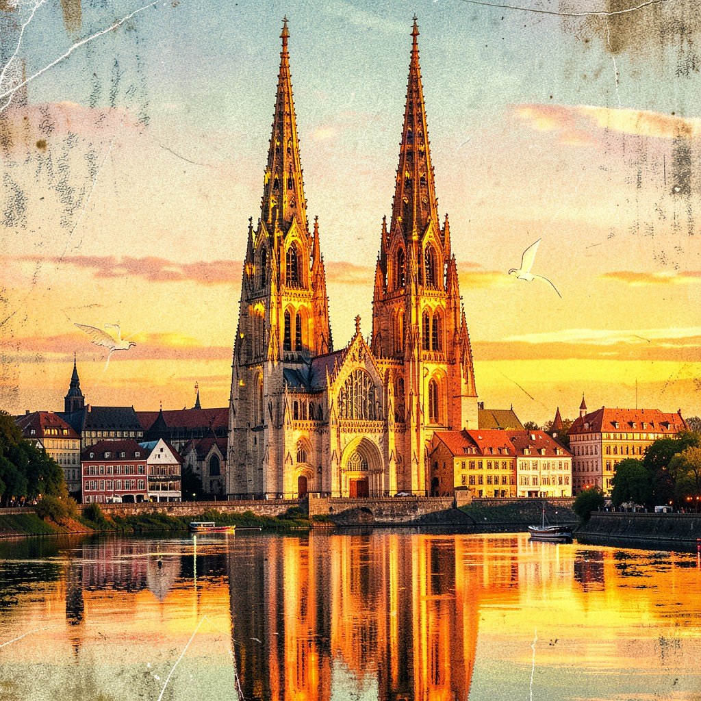 Cologne Cathedral twin spires glowing at sunset, warm golden light, Rhine river reflection, artistic travel illustration style, textured background, Germany UNESCO heritage, 4:3