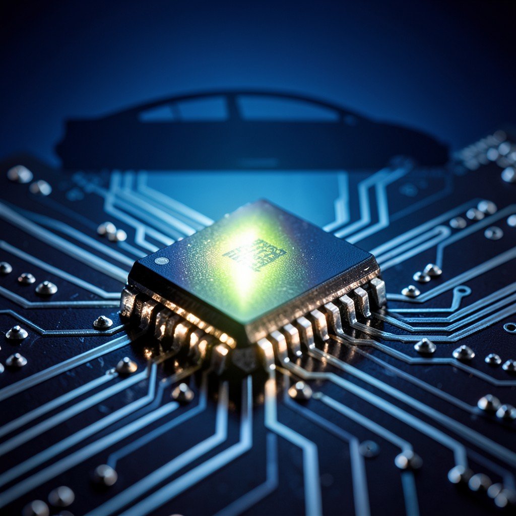 A detailed macro shot of an automotive semiconductor chip glowing on a circuit board, electric vehicle silhouette in the dark blue gradient background, high-tech atmosphere, no visible text, 1:1
