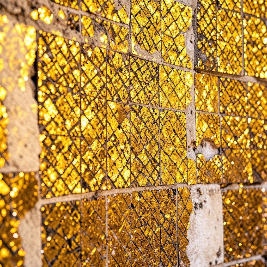 Close-up of golden Byzantine mosaic tiles on an ancient church wall in Ravenna Italy, intricate tesserae detail, glowing warm tones, textured surface, no text, 4:3