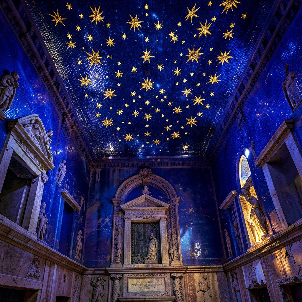 Deep blue mosaic ceiling covered with golden stars inside a small ancient mausoleum in Ravenna, mystical atmosphere, rich color contrast, no text, 4:3