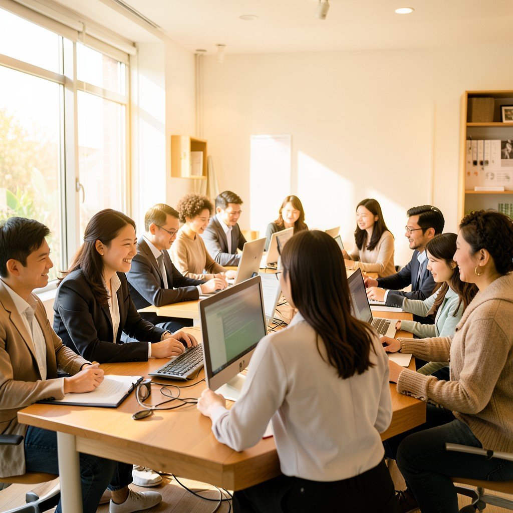 Bright modern office with professionals collaborating around computers, hiring and teamwork concept, warm natural lighting, diverse Korean professionals, cozy and optimistic atmosphere, no text, 4:3
