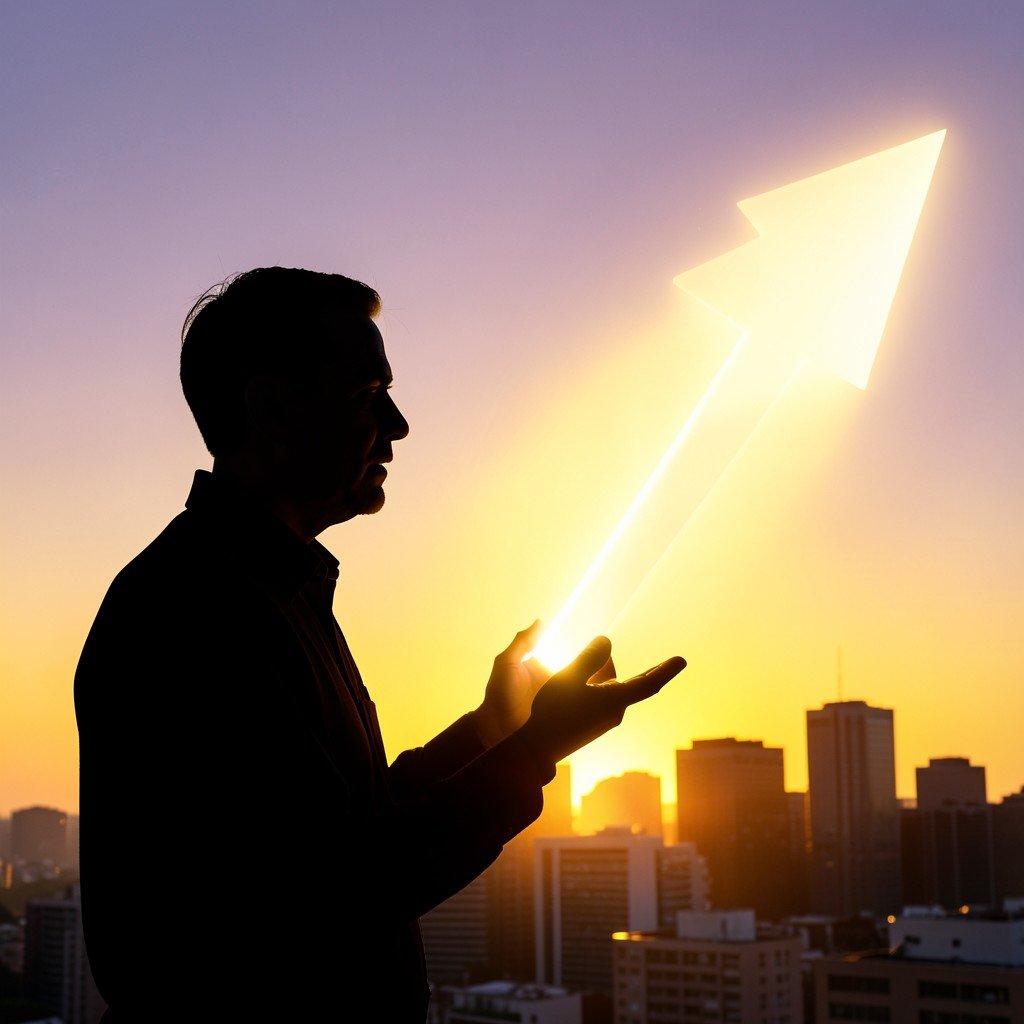 Silhouette of an investor looking at a large glowing upward arrow over a city skyline at sunrise, hopeful investment concept, warm golden and purple gradient sky, full frame composition, no text, 4:3