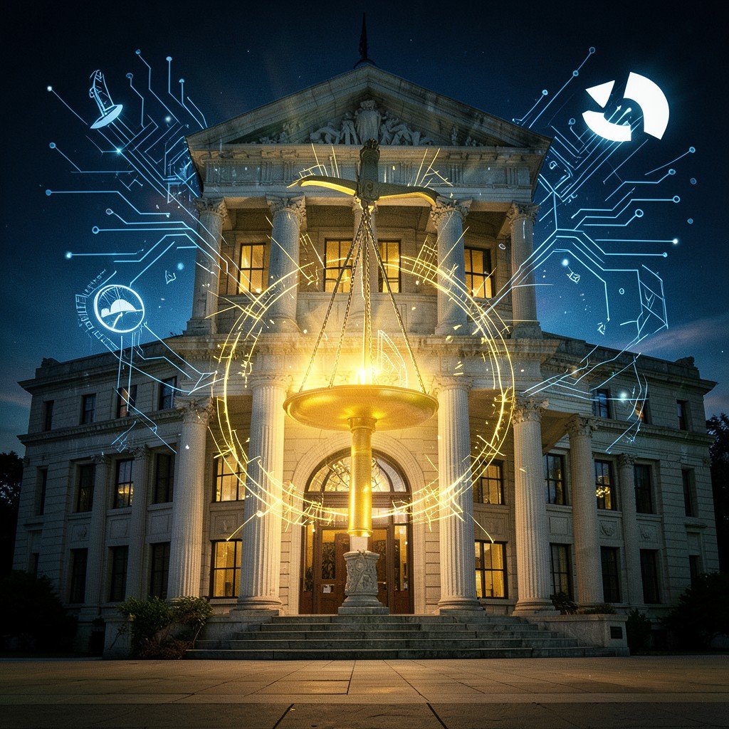 Courthouse building with a glowing scale of justice and abstract circuit patterns representing a lawsuit between an AI company and the government dramatic but balanced lighting 4:3