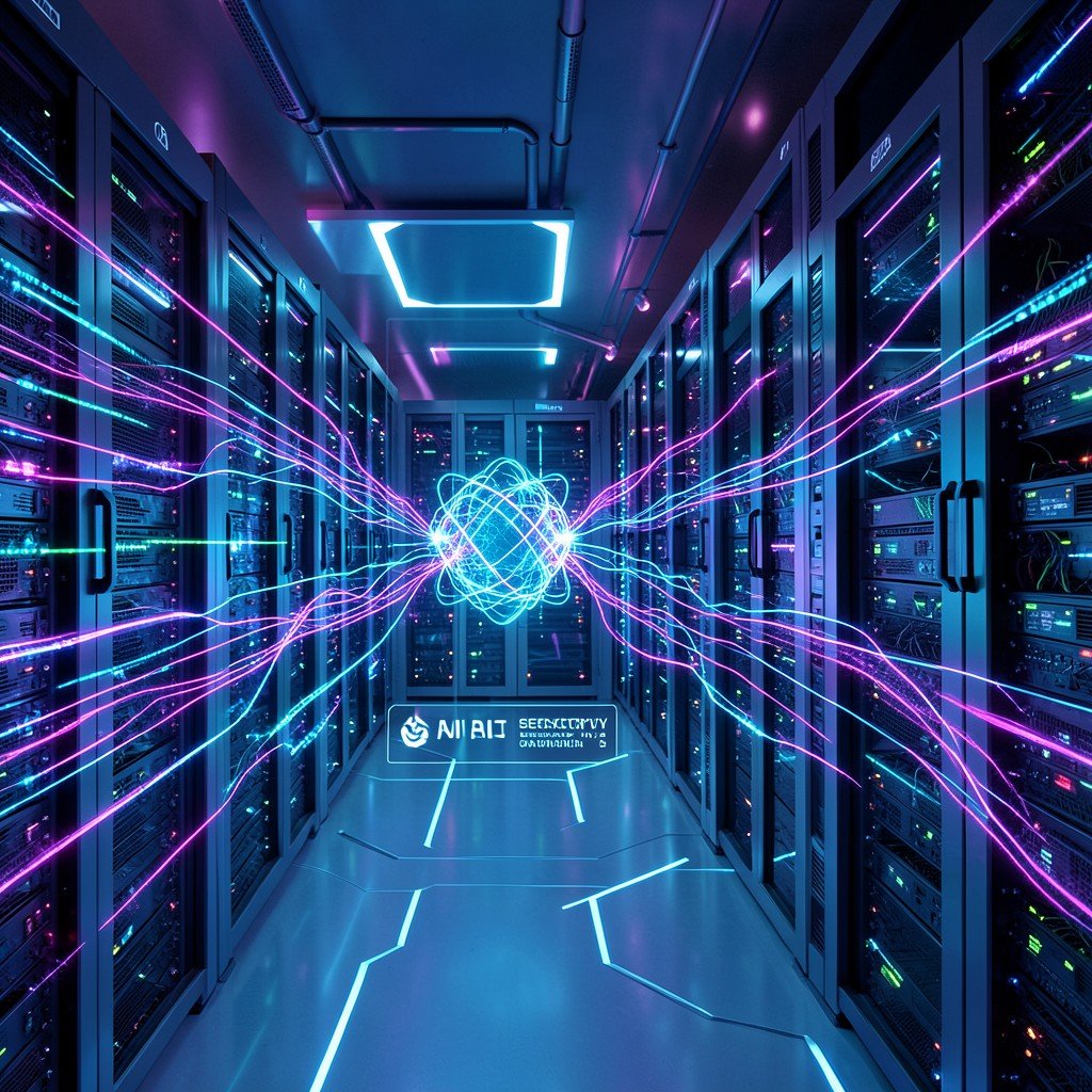 Futuristic AI server room with glowing blue and purple data streams representing a powerful new artificial intelligence model with advanced cybersecurity capabilities 1:1