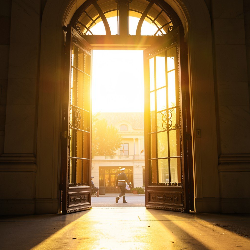 A large open door of a government building with warm golden light shining through symbolizing reopened negotiations between an AI company and the defense department 4:3