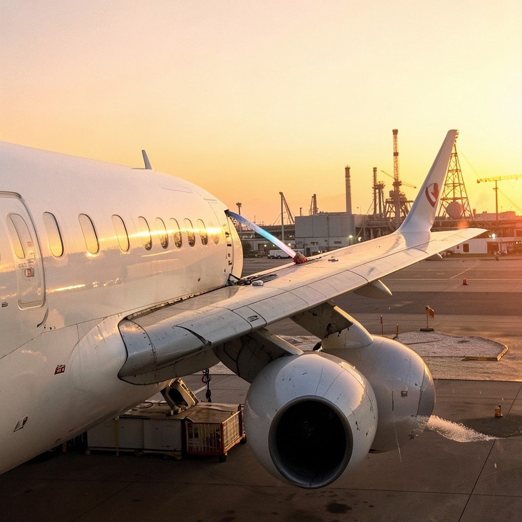 jet fuel being refueled into commercial airplane wing at airport golden hour industrial atmosphere no visible text 4:3
