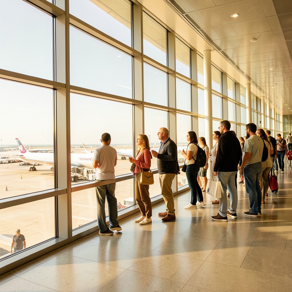 travelers waiting at bright modern airport terminal looking out large windows at airplanes lifestyle photography warm tones no visible text 4:3