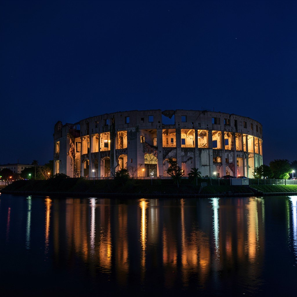 Genbaku Dome illuminated at night, glowing warm lights on ruined structure, dark blue night sky, reflection on Motoyasu river, serene and solemn mood, night photography, 4:3 aspect ratio