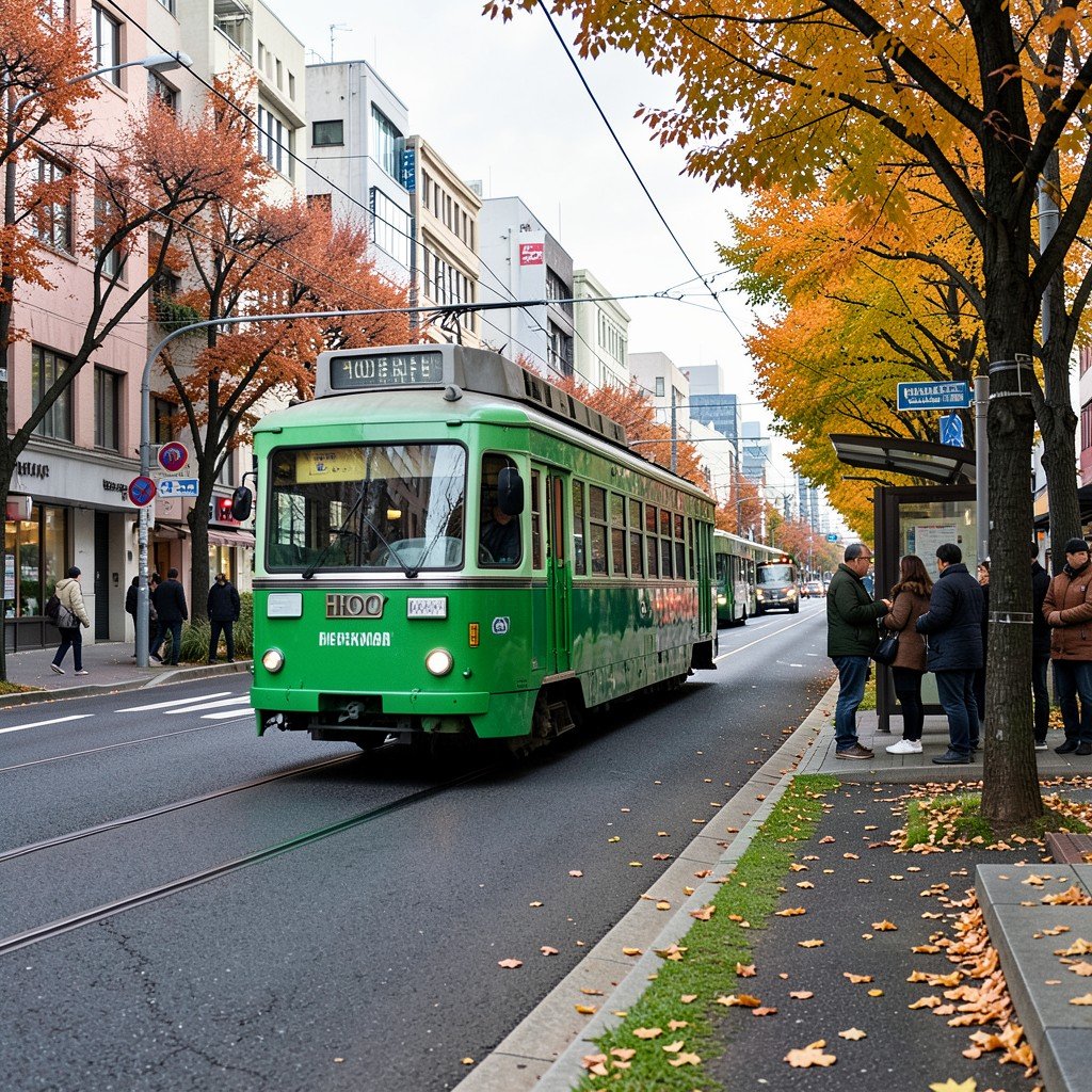 Hiroshima streetcar passing through city street, green retro tram, autumn trees alongside road, tourists waiting at stop, everyday travel scene, 4:3 aspect ratio