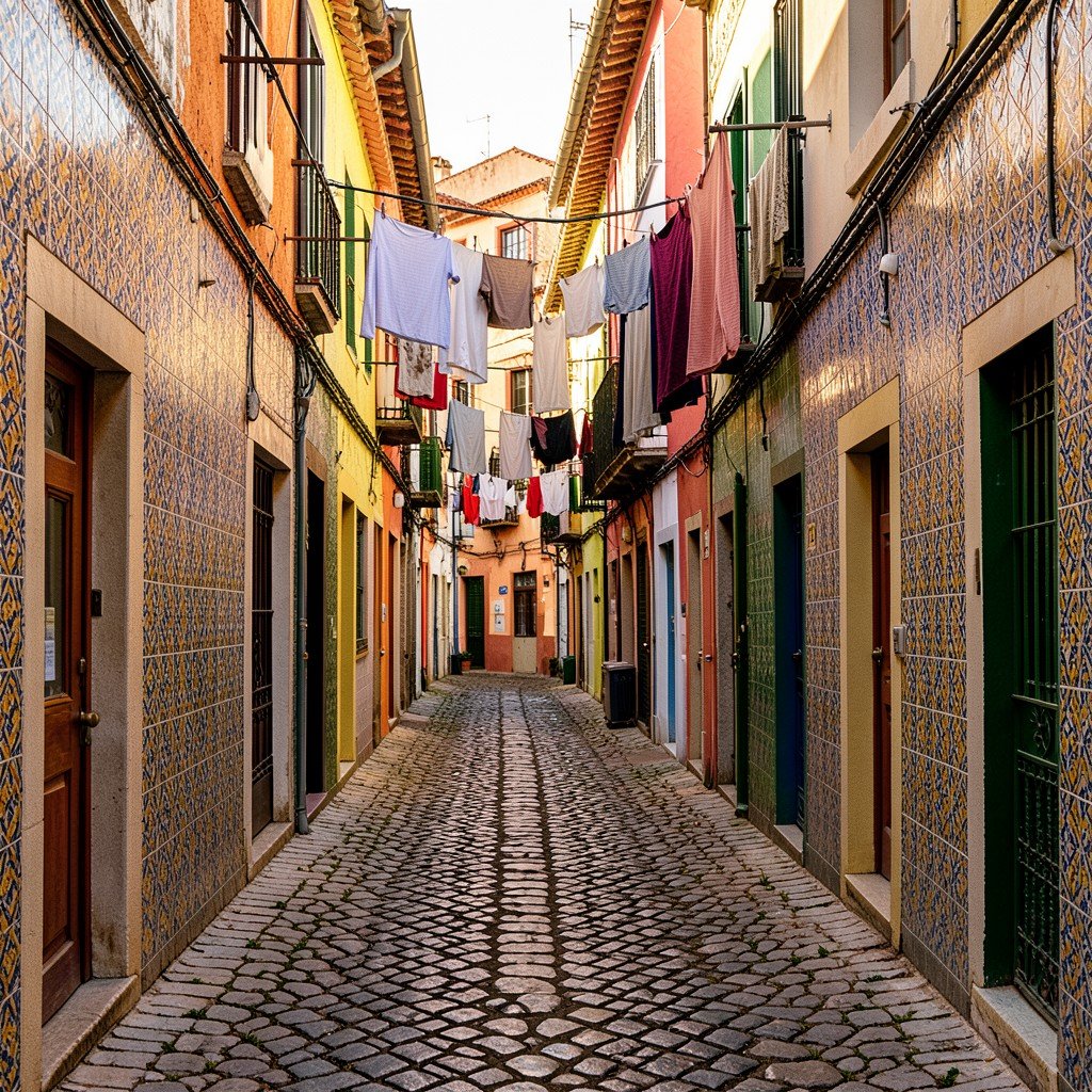 Narrow cobblestone alley in Ribeira Porto with colorful tiled facades and laundry hanging between buildings, artistic travel photography style, warm sunlight, no text, 4:3