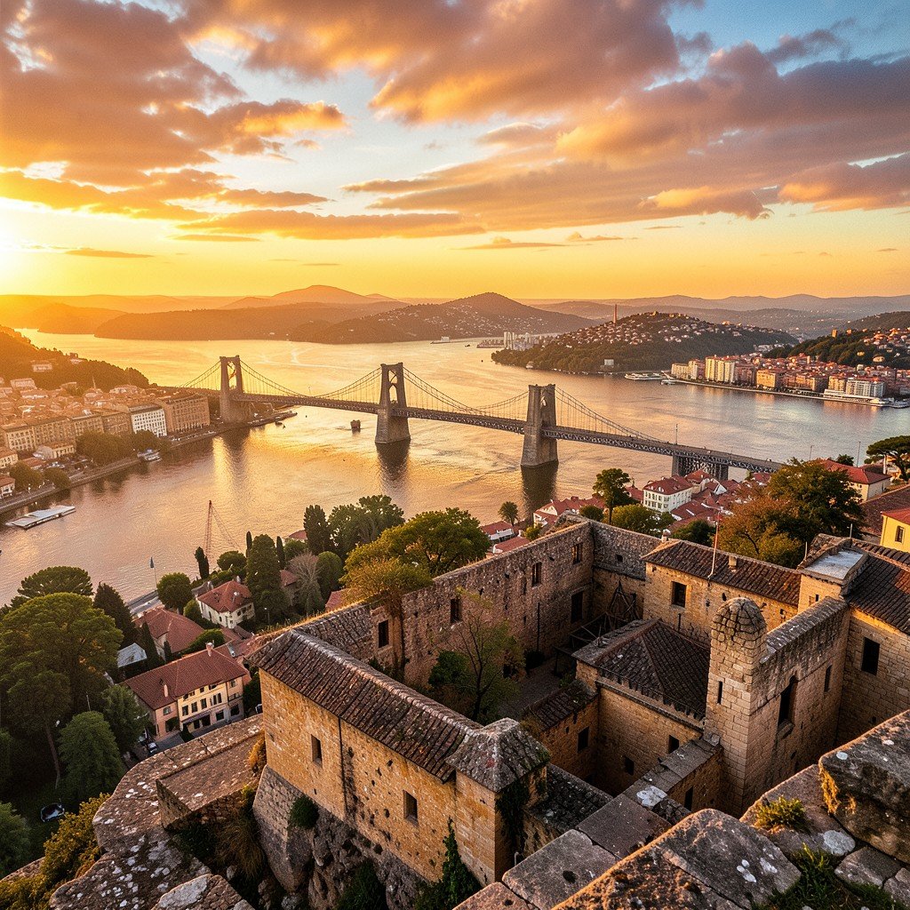 Sunset view from Serra do Pilar monastery viewpoint overlooking Dom Luiz I Bridge and Porto old town across Douro River, golden hour sky, artistic rendering, rich textured background, no text, 4:3