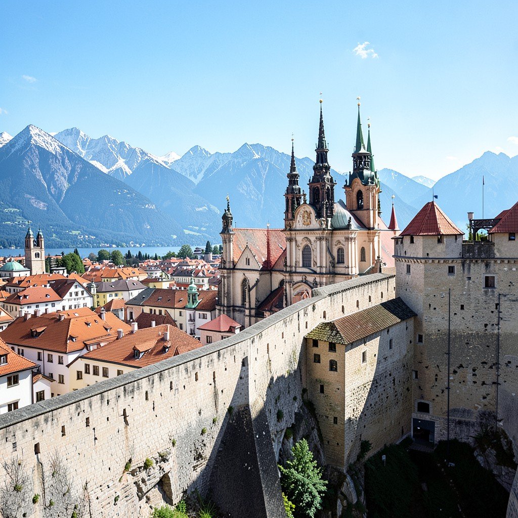 View from Hohensalzburg Fortress overlooking baroque church spires and terracotta rooftops of Salzburg old town with alpine mountains in background bright clear sky travel photography 4:3