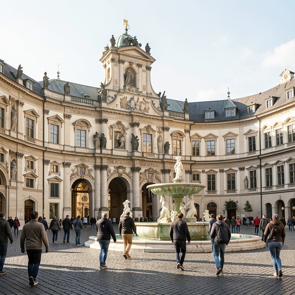 Salzburg Cathedral square with baroque facade and marble fountain tourists walking on cobblestone plaza soft morning light cultural heritage illustration style 4:3
