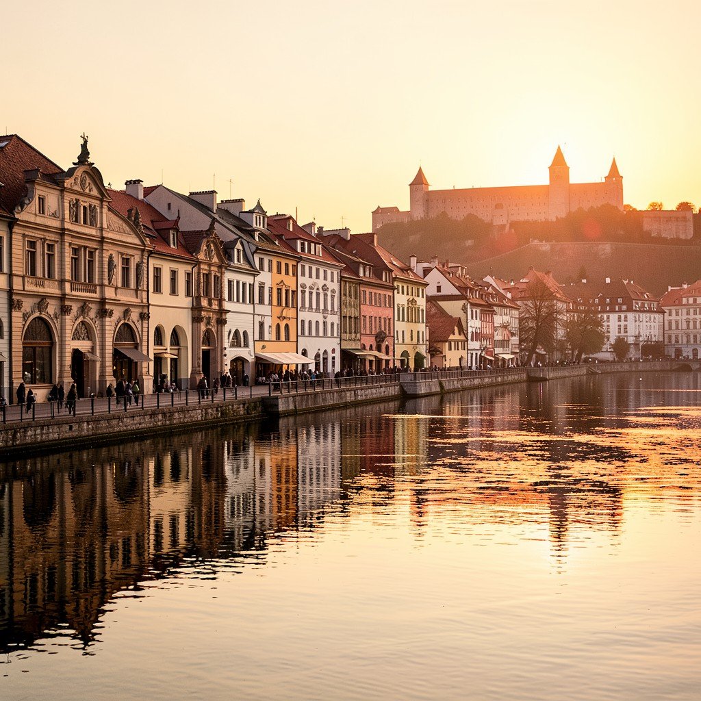 Salzburg old town riverside at golden sunset with baroque buildings reflecting on Salzach river and fortress silhouette warm evening glow travel photography 4:3