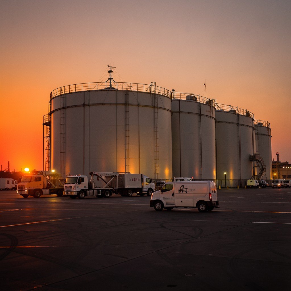 Large jet fuel storage tanks and refueling trucks at an airport tarmac at dusk, industrial atmosphere with warm orange lighting, no text, 4:3