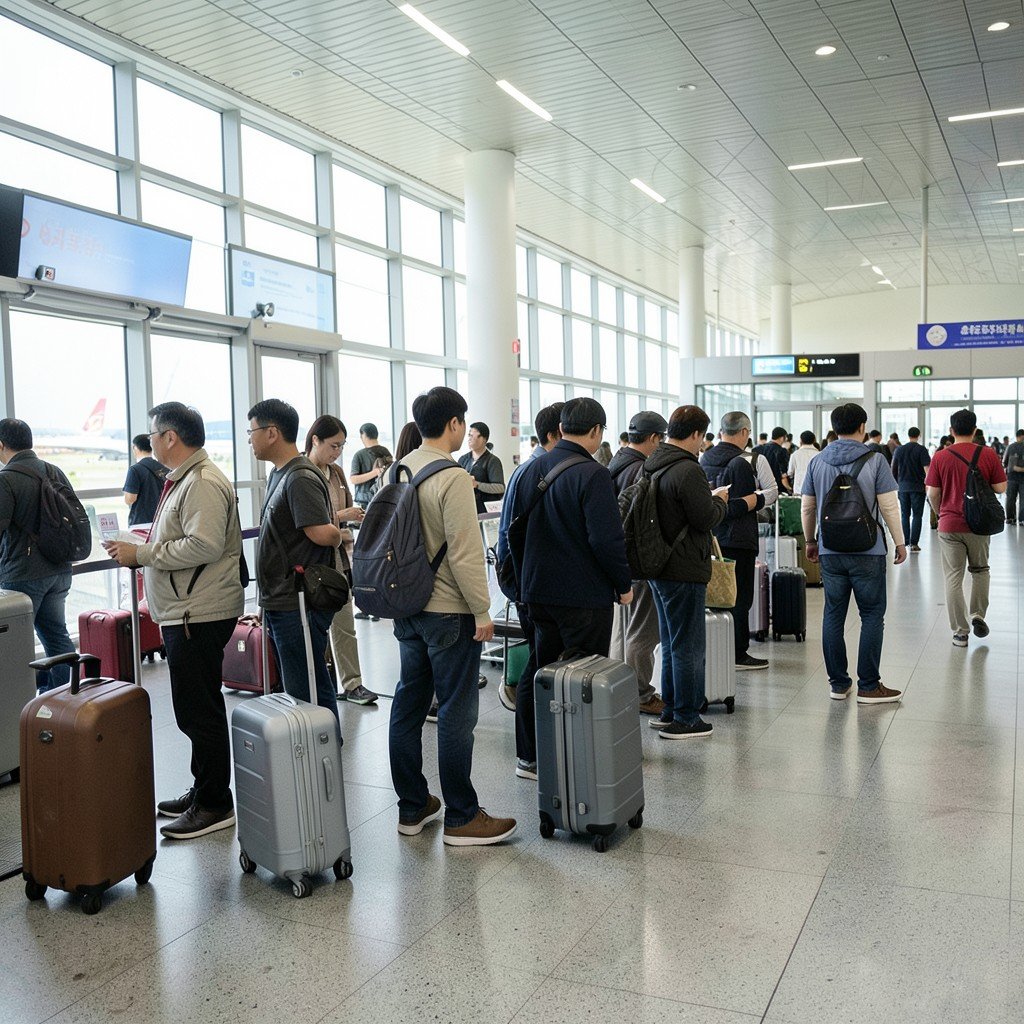 Travelers waiting in line at a busy airport boarding gate with luggage, bright terminal interior, natural documentary style photography, Korean travelers, no text, 4:3