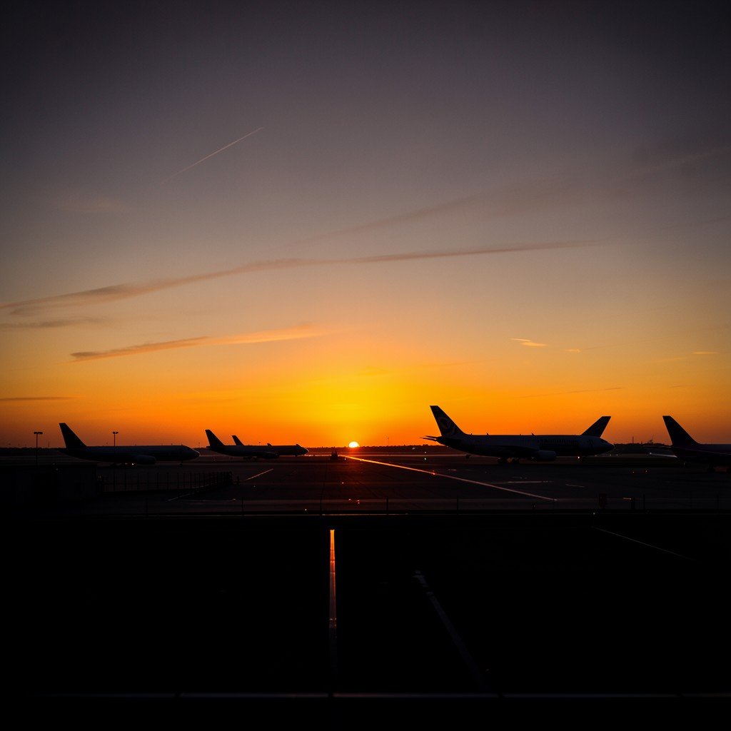 Wide panoramic view of an airport runway at sunset with silhouettes of parked airplanes, moody warm gradient sky, cinematic wide shot, no text, 4:3