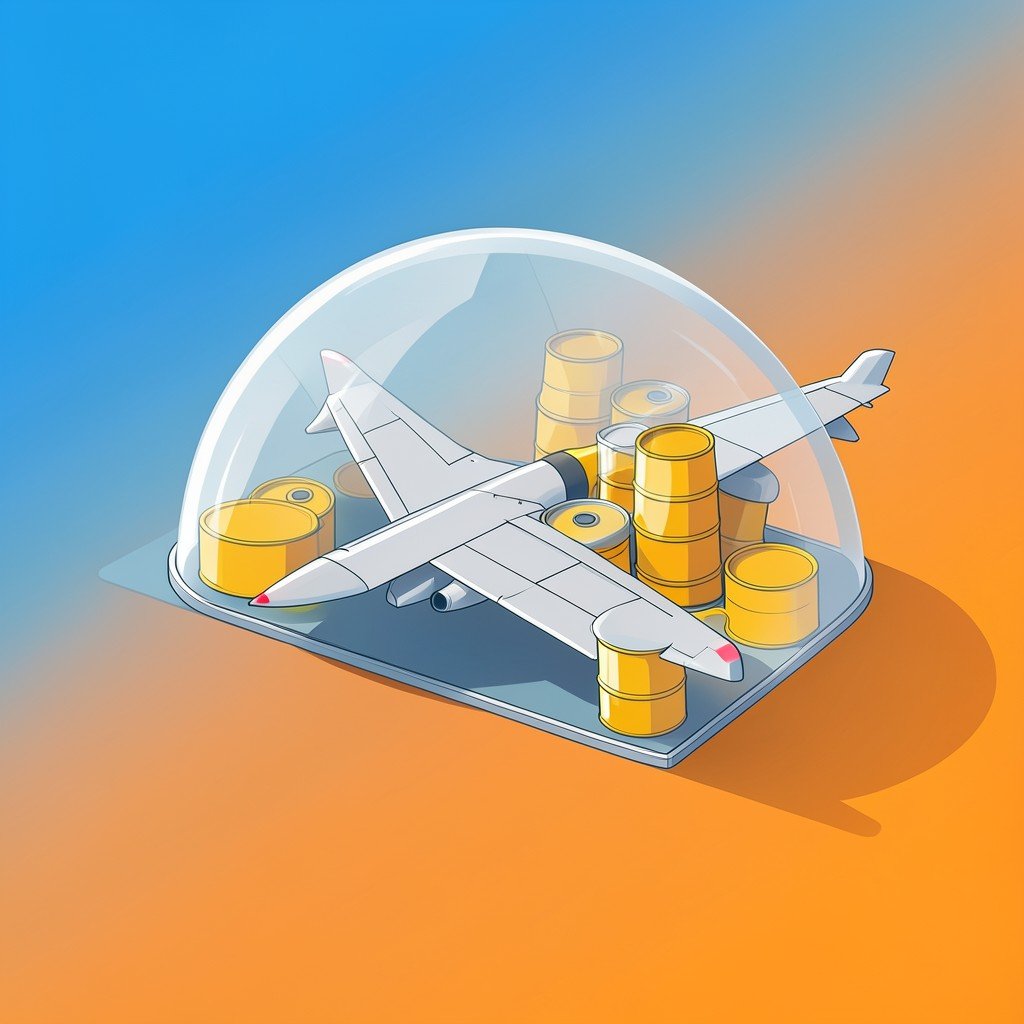 conceptual illustration of an airplane wing shielded by a transparent protective dome against rising oil barrels, modern flat design, blue and orange gradient background, no text, 1:1 aspect ratio