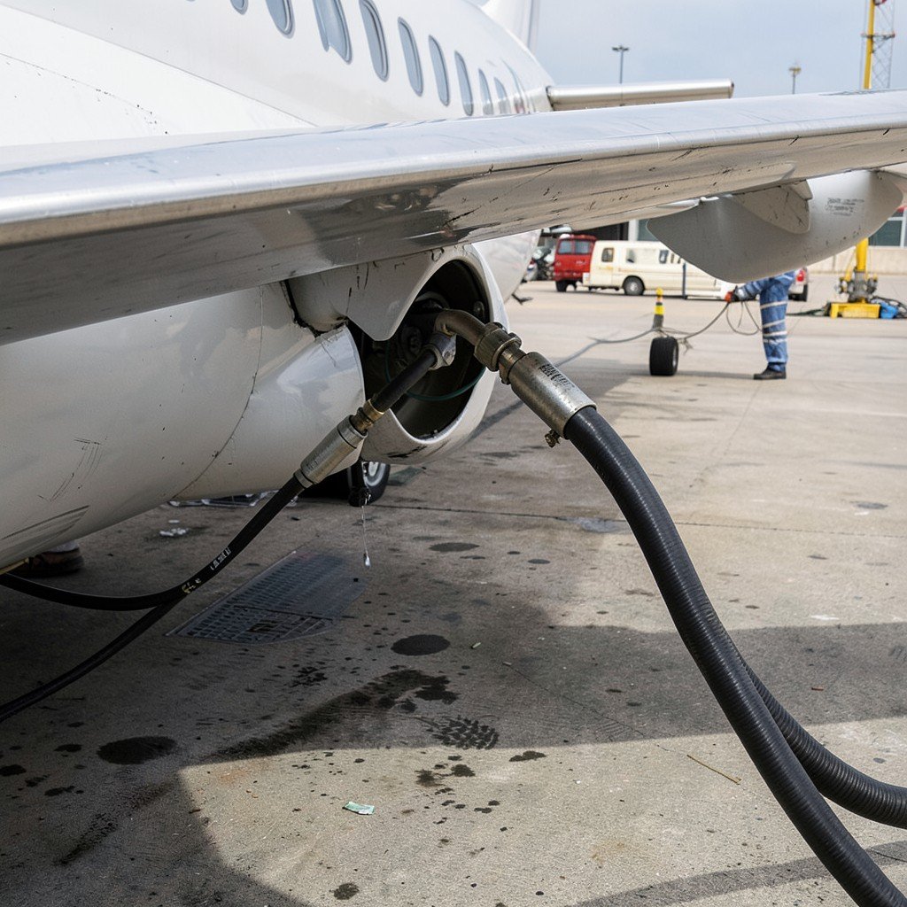 ground crew member refueling a passenger jet at an airport, close-up of fuel hose connected to wing, industrial aviation scene with textured concrete background, natural daylight, no text, 4:3 aspect ratio