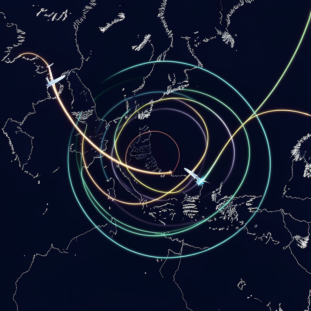 stylized map illustration showing airplane flight paths curving around a restricted airspace zone between Europe and Asia, dark navy background with glowing route lines, artistic rendering, no text, 4:3 aspect ratio