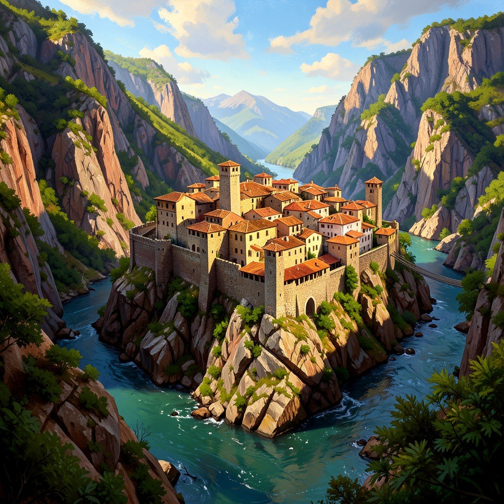 Medieval fortified town on a rocky spur between two river gorges in Cuenca Spain, stone walls and towers, historic architecture blending with natural cliffs, painterly style, rich colors, 4:3