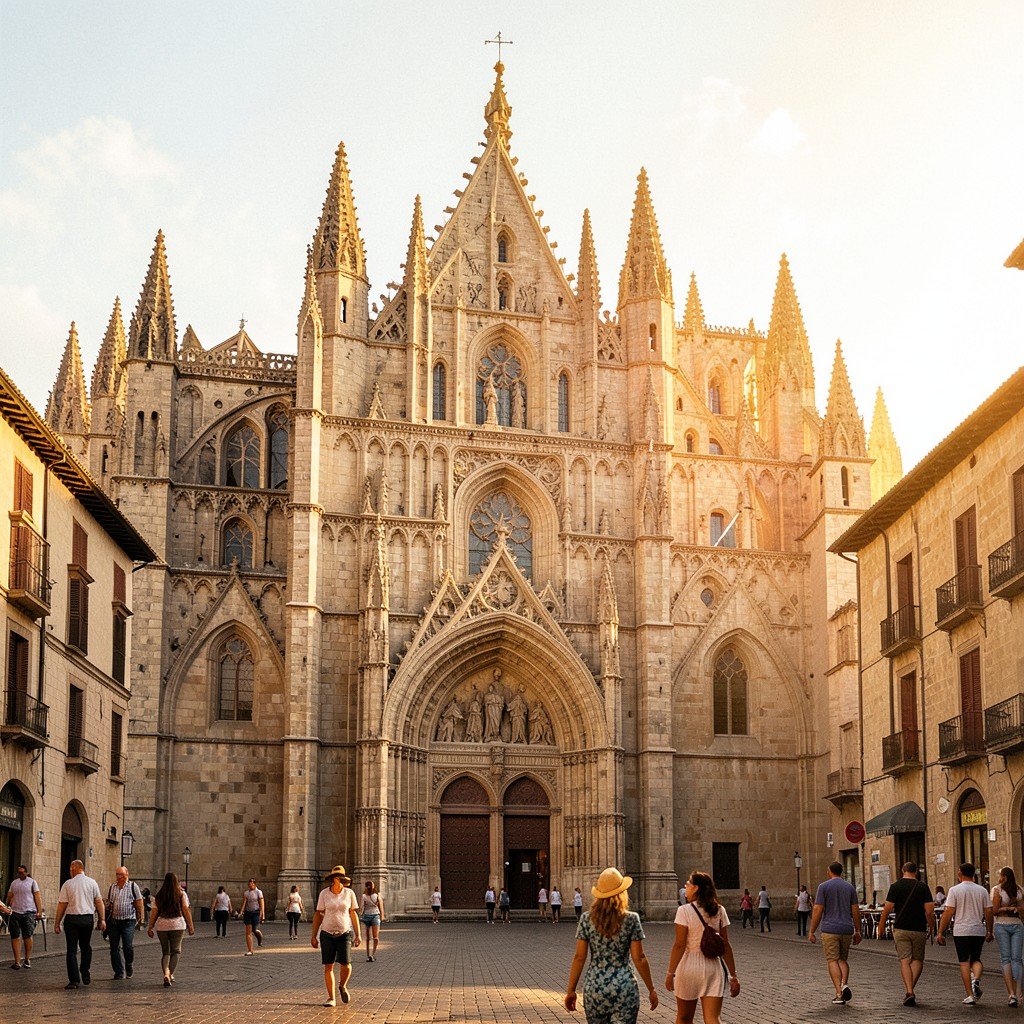 Gothic cathedral facade in Cuenca Spain on a historic plaza, medieval stone architecture with pointed arches, people strolling in the square, warm golden light, travel illustration style, 4:3