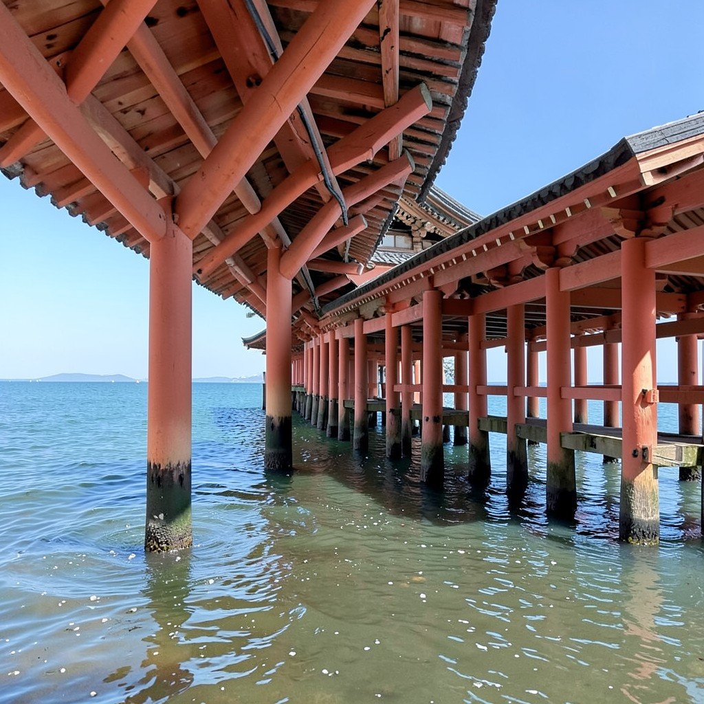 Itsukushima Shrine wooden corridors over sea water at high tide, traditional Japanese architecture, vermilion pillars, UNESCO World Heritage site, calm blue ocean background, no text, 4:3