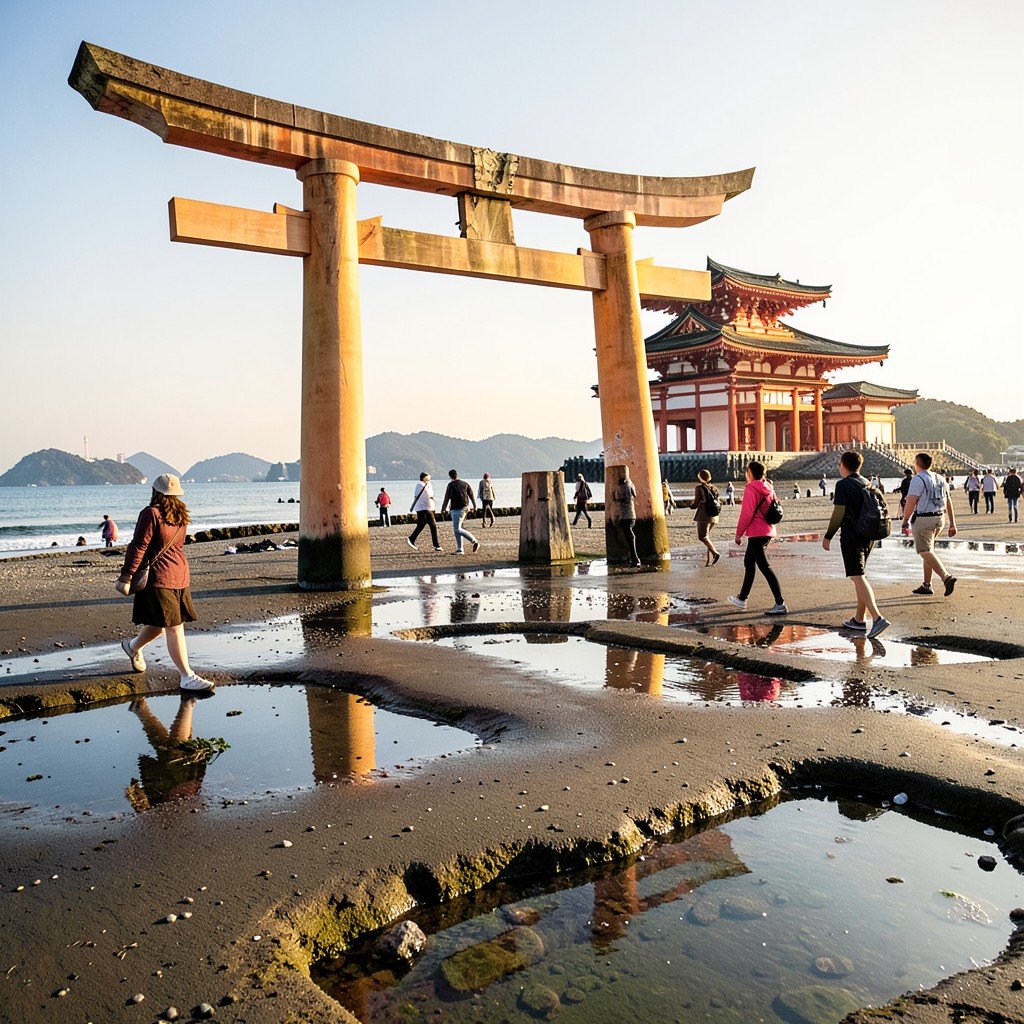 tourists walking under great torii gate at low tide, wet sand and small tidal pools, Miyajima island, Itsukushima Shrine UNESCO site, natural warm daylight, no text, 4:3
