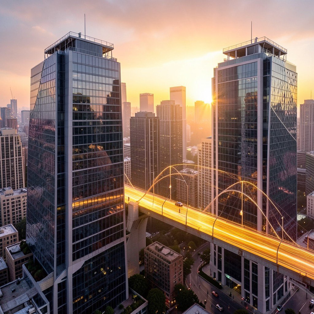 Two abstract corporate buildings connected by a glowing bridge symbolizing renewed partnership, warm sunset lighting, city skyline in background, business reconciliation concept, no visible text, 4:3