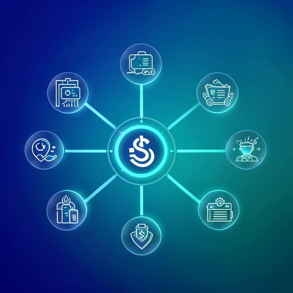 A diversified investment portfolio concept with multiple glowing tech company icons connected to a central fund symbol, clean modern fintech illustration, deep blue and teal gradient background, no visible text, 1:1
