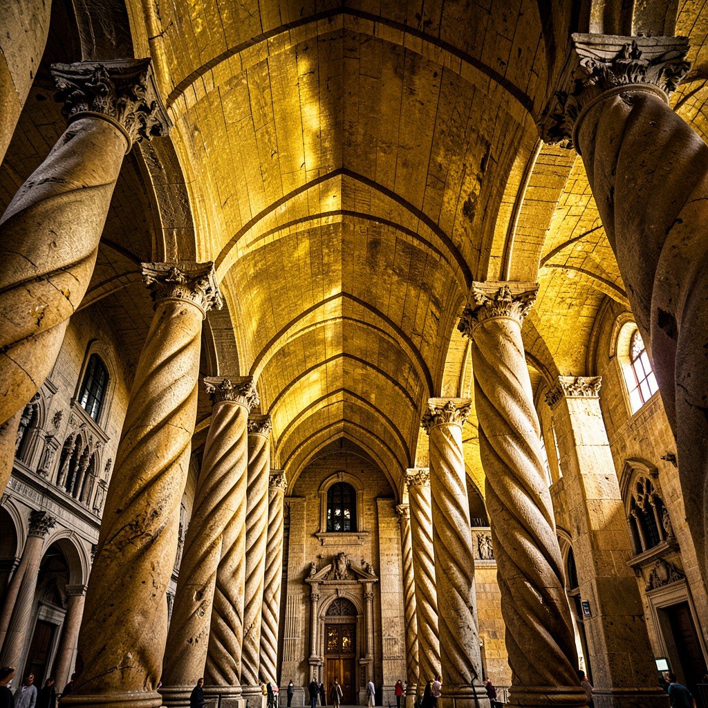 Interior of the Contract Hall in La Lonja de la Seda Valencia, twisted spiral columns reaching vaulted ceiling, golden stone, dramatic perspective, UNESCO World Heritage site, 4:3