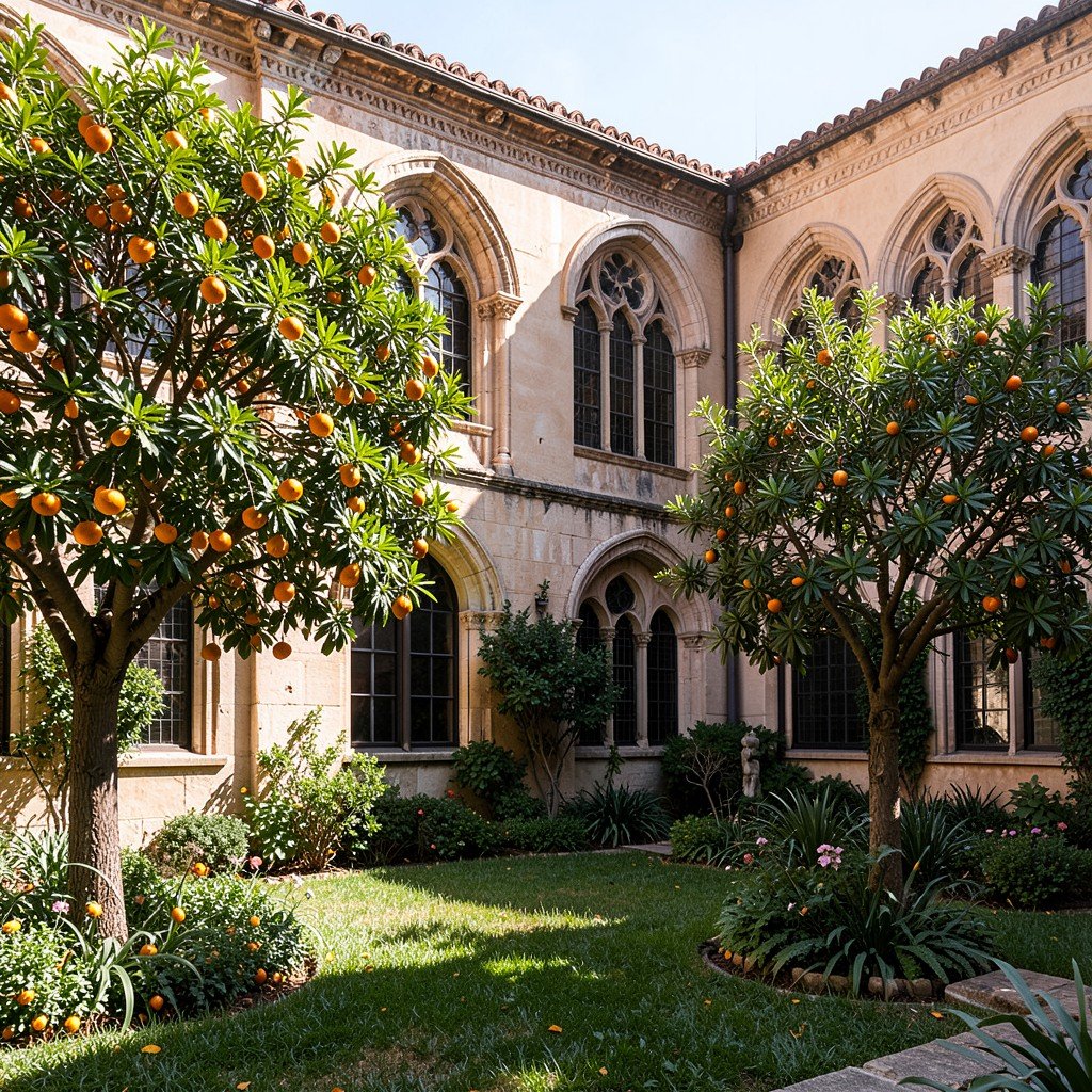 Courtyard garden of La Lonja de la Seda with orange trees, Gothic arched windows, Mediterranean sunlight, peaceful atmosphere, Valencia Spain, 4:3