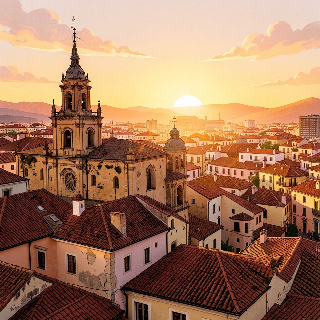 Sunset view over Valencia old town with cathedral tower and historic rooftops, warm golden light, Mediterranean cityscape, travel illustration style, 4:3