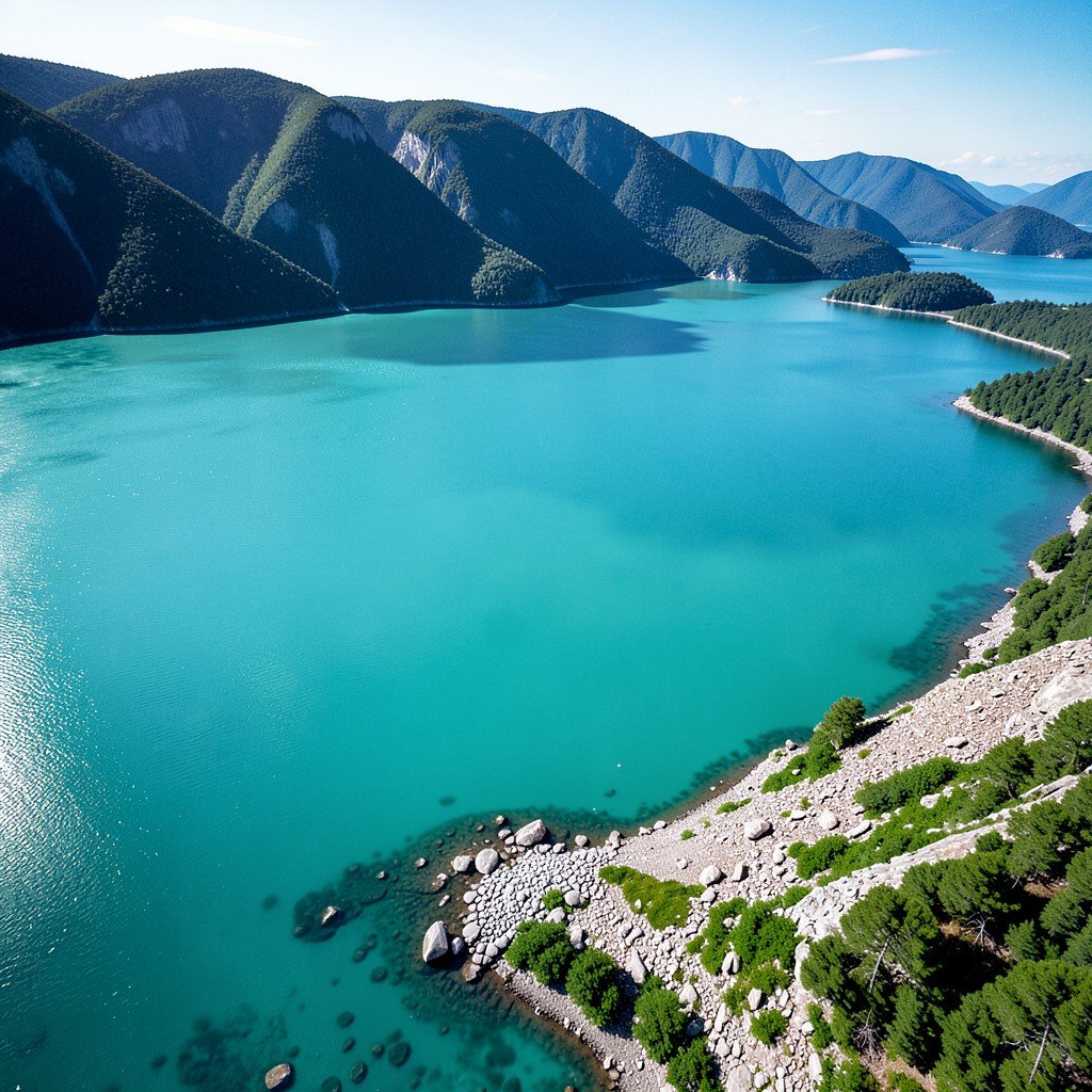 Aerial view of Lake Baikal shoreline showing immense scale of freshwater lake with turquoise water and rocky coast natural lighting 4:3