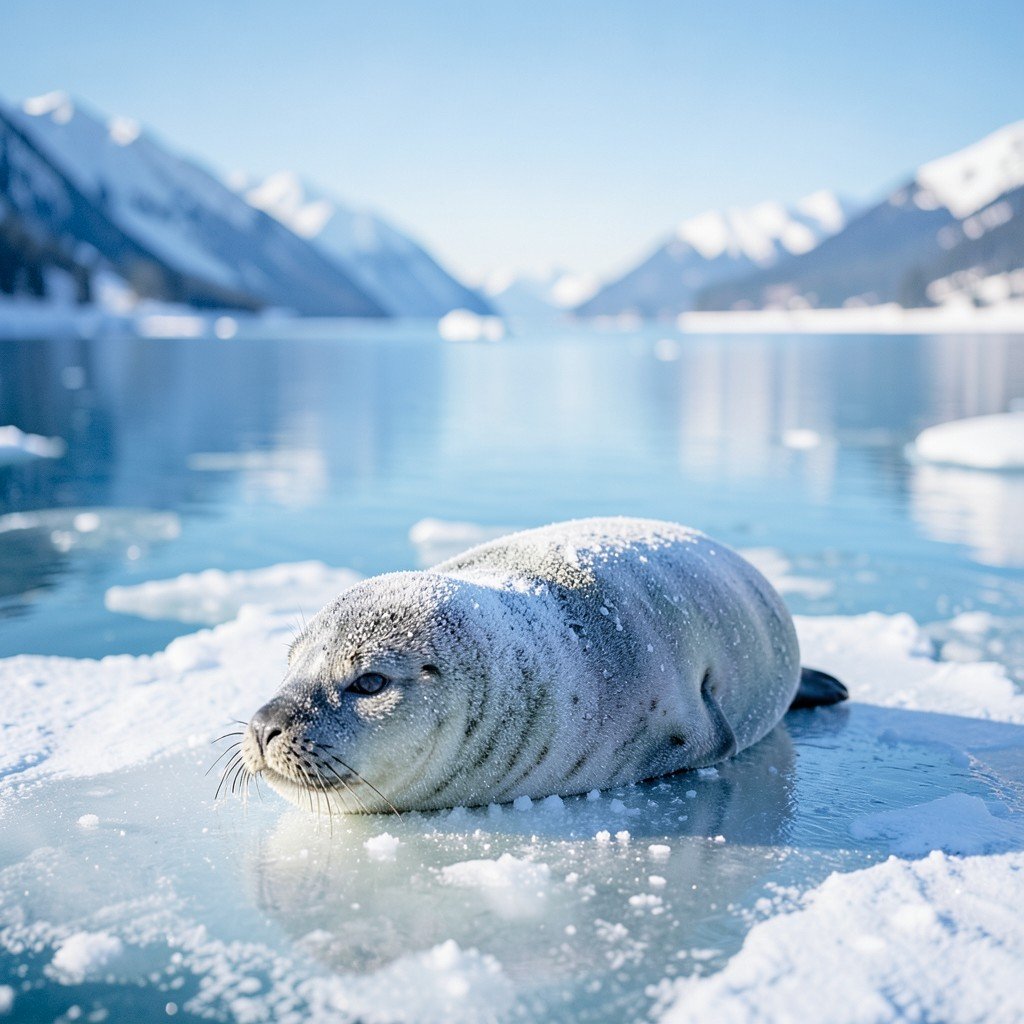Cute Baikal seal resting on ice floe in clear blue Lake Baikal winter scene soft daylight wildlife photography 4:3