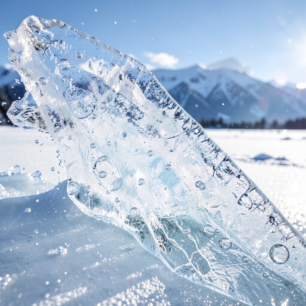 Transparent crystal clear ice on frozen Lake Baikal in winter with visible bubbles trapped inside ice sparkling under sunlight close up 4:3