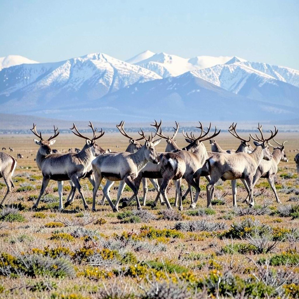 A herd of reindeer moving across open tundra in northern Sweden with distant mountains, natural daylight, no visible text, no logos, no watermark, aspect ratio 1:1