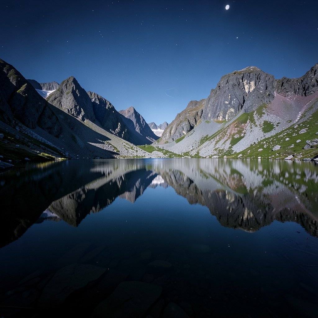 A calm alpine lake under midnight sun light in Swedish Lapland with rocky peaks reflected on the water, no visible text, no logos, no watermark, aspect ratio 4:3