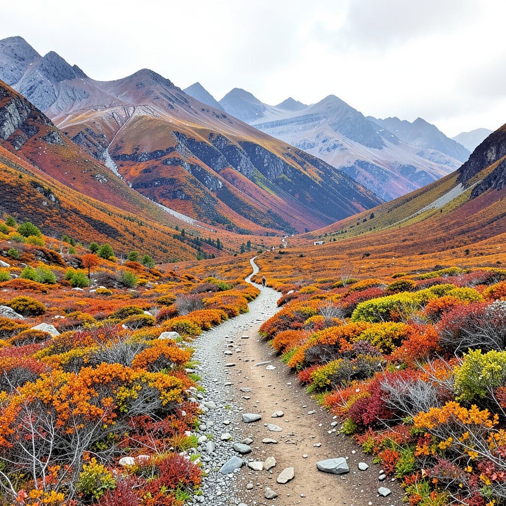 A hiking trail leading through a vast mountain valley in Swedish Lapland with autumn tundra colors, no people close up, no visible text, no logos, no watermark, aspect ratio 1:1