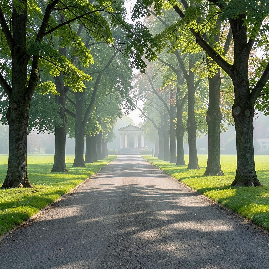 A tree-lined avenue leading through a vast landscaped park with a small classical pavilion in the distance, South Moravian countryside, morning mist, no visible text, no logos, no watermark, aspect ratio 1:1