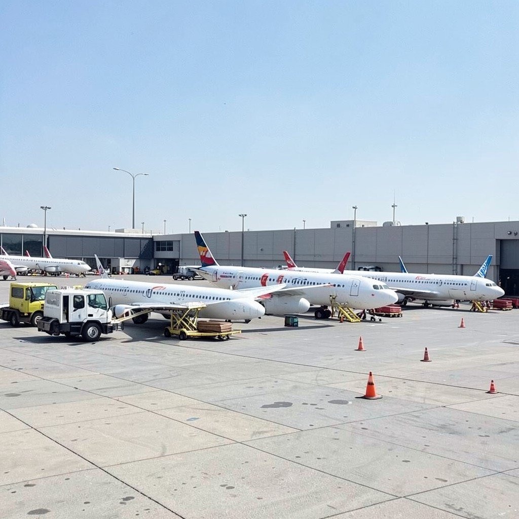 Several commercial airplanes parked at airport terminal gates under bright daylight, ground service vehicles nearby, no visible text, no logos, no watermark, aspect ratio 1:1