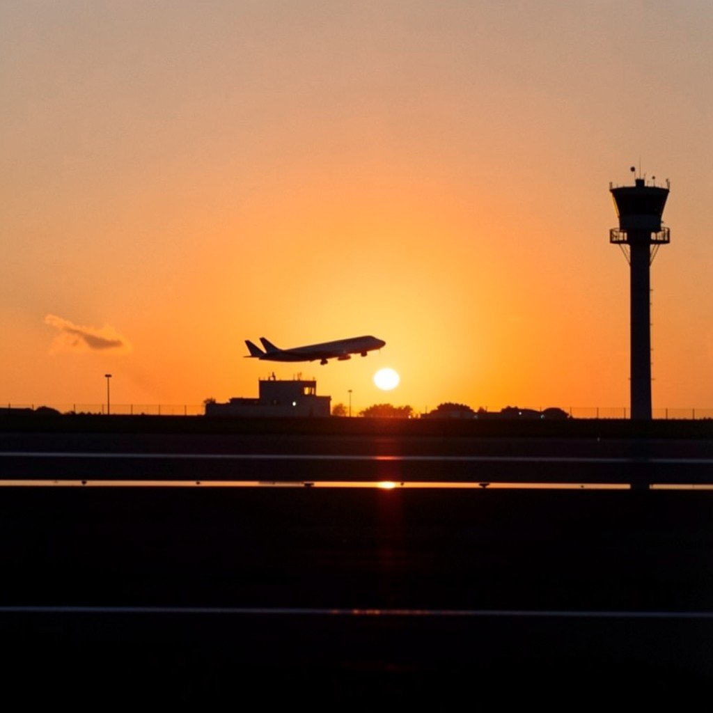 An airport runway at sunset with a distant airplane taking off, warm orange sky, silhouetted control tower, no visible text, no logos, no watermark, aspect ratio 4:3
