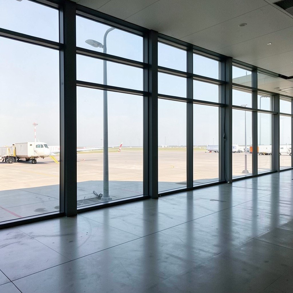 Empty airport departure gate waiting area with large windows overlooking the tarmac, soft natural light, no people, no visible text, no logos, no watermark, aspect ratio 1:1