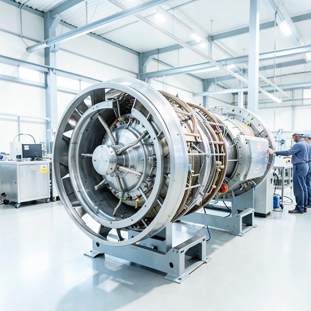 Industrial gas turbine being assembled in a bright modern factory, engineers in the background, clean and technical atmosphere, no visible text, no logos, no watermark, aspect ratio 1:1