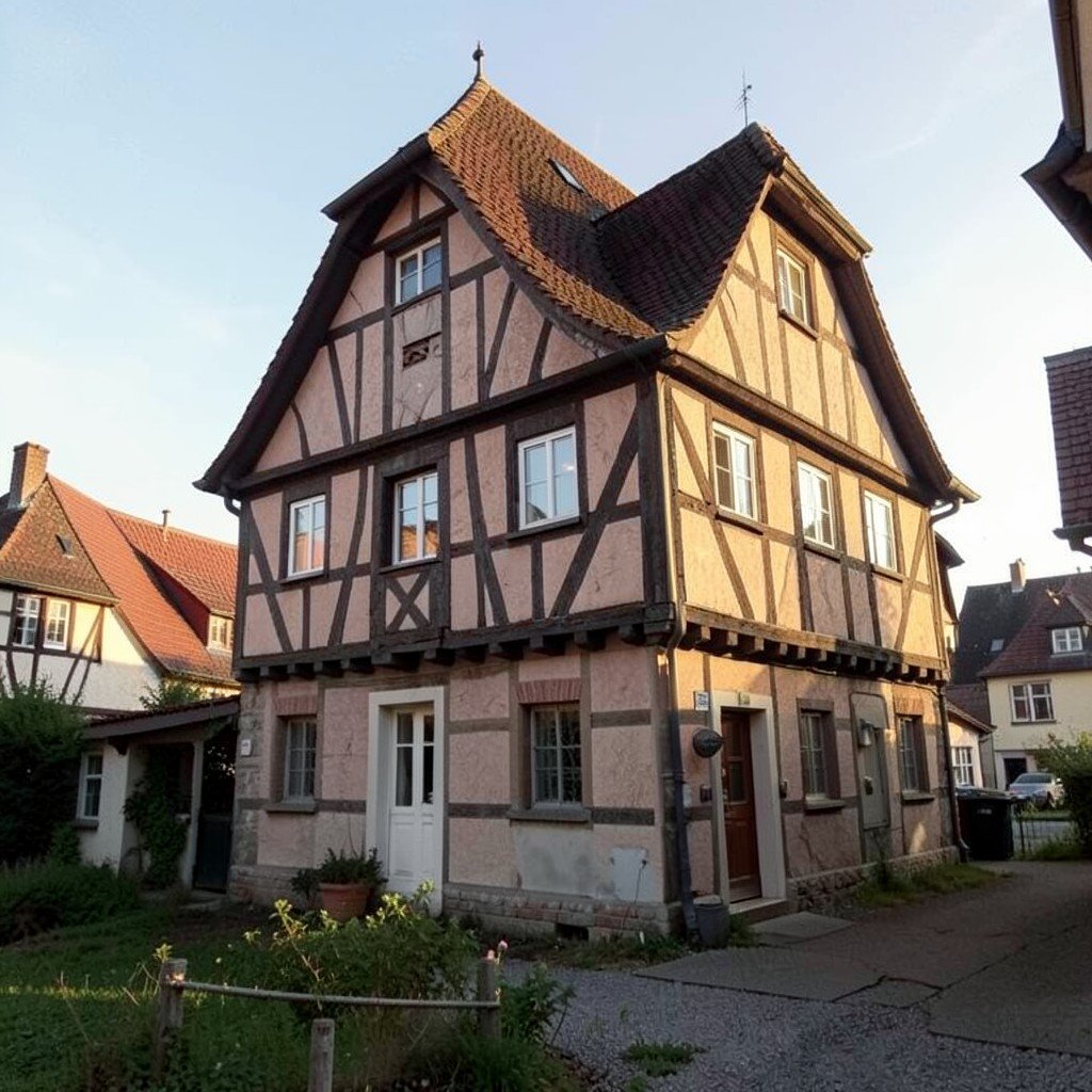 Traditional half-timbered medieval house in a small German town with warm afternoon light, no visible text, no logos, no watermark, aspect ratio 1:1