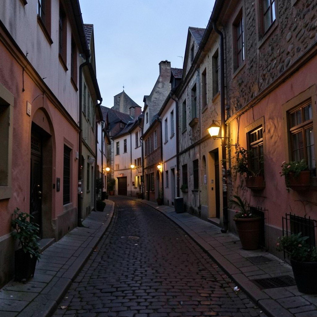 Quiet cobblestone alley in a historic German town with old buildings and lantern light at dusk, no visible text, no logos, no watermark, aspect ratio 1:1
