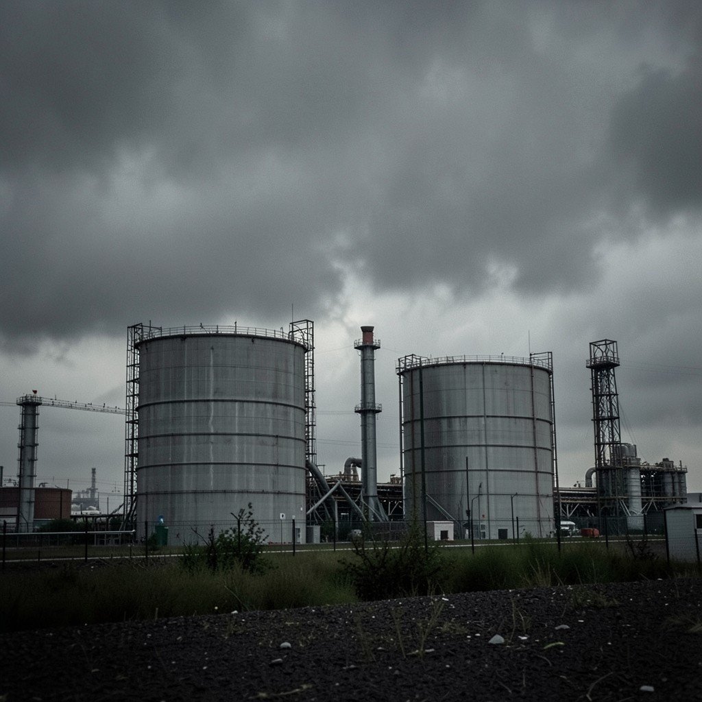 An industrial landscape with oil storage tanks under an overcast moody sky symbolizing economic uncertainty and energy concerns, cinematic muted tones, no visible text, no logos, no watermark, aspect ratio 4:3
