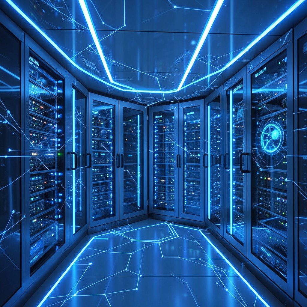 A futuristic server room with glowing blue lights representing artificial intelligence and enterprise technology, abstract digital atmosphere, no visible text, no logos, no watermark, aspect ratio 1:1