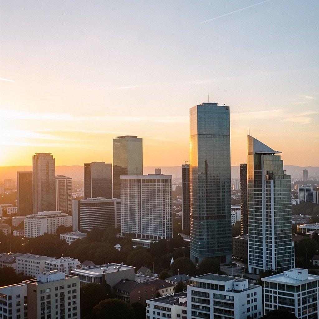 A city skyline at sunrise symbolizing cautious optimism about future business outlook, warm light over modern buildings, calm and professional mood, no visible text, no logos, no watermark, aspect ratio 4:3