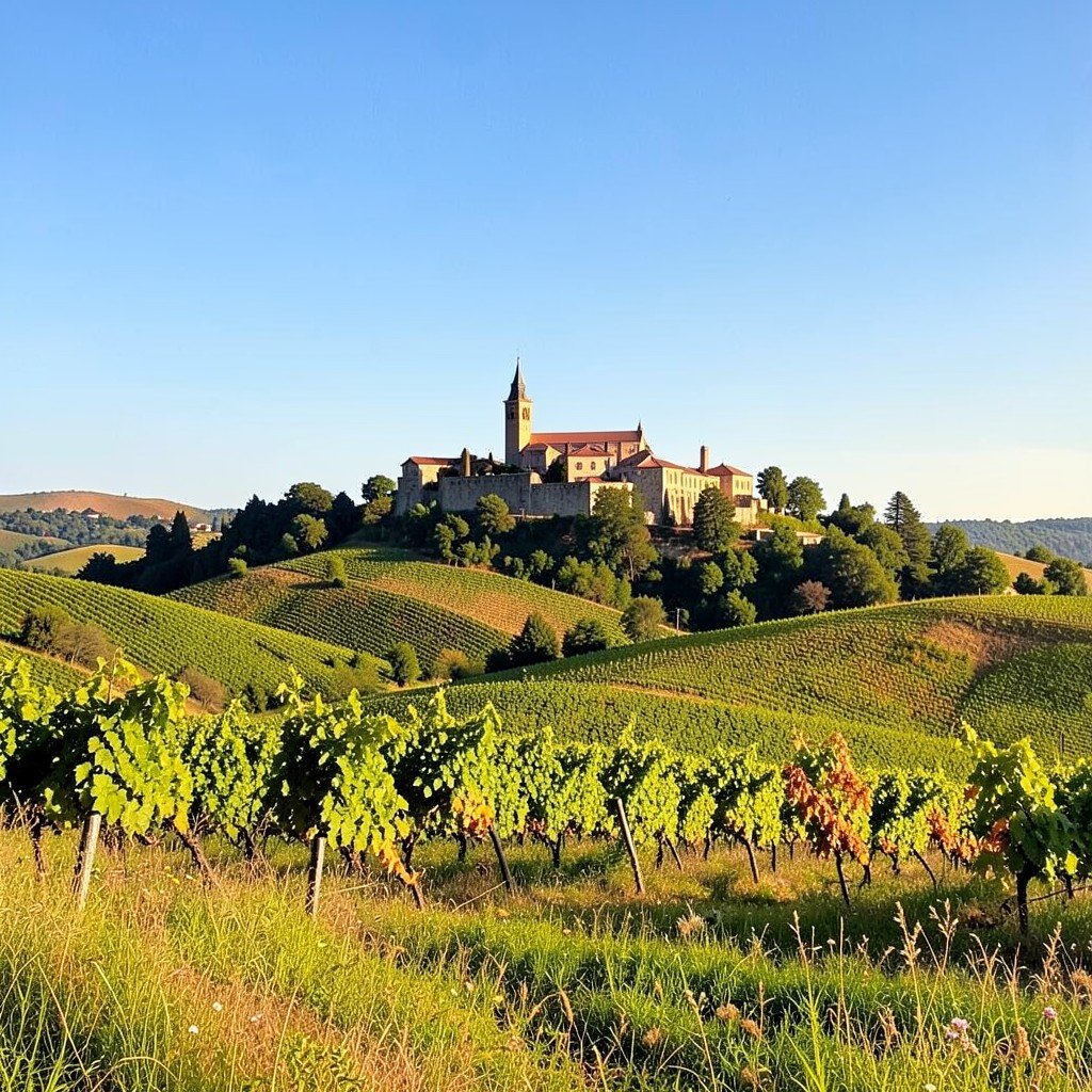 Rolling vineyards and meadows surrounding a hilltop abbey in the Hungarian countryside, late summer green and golden colors, clear sky, no visible text, no logos, no watermark, aspect ratio 1:1